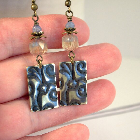 Brass Hand Embossed Earrings Czech Glass Earrings Hand Patina Brass Earrings - Picture 8 of 11